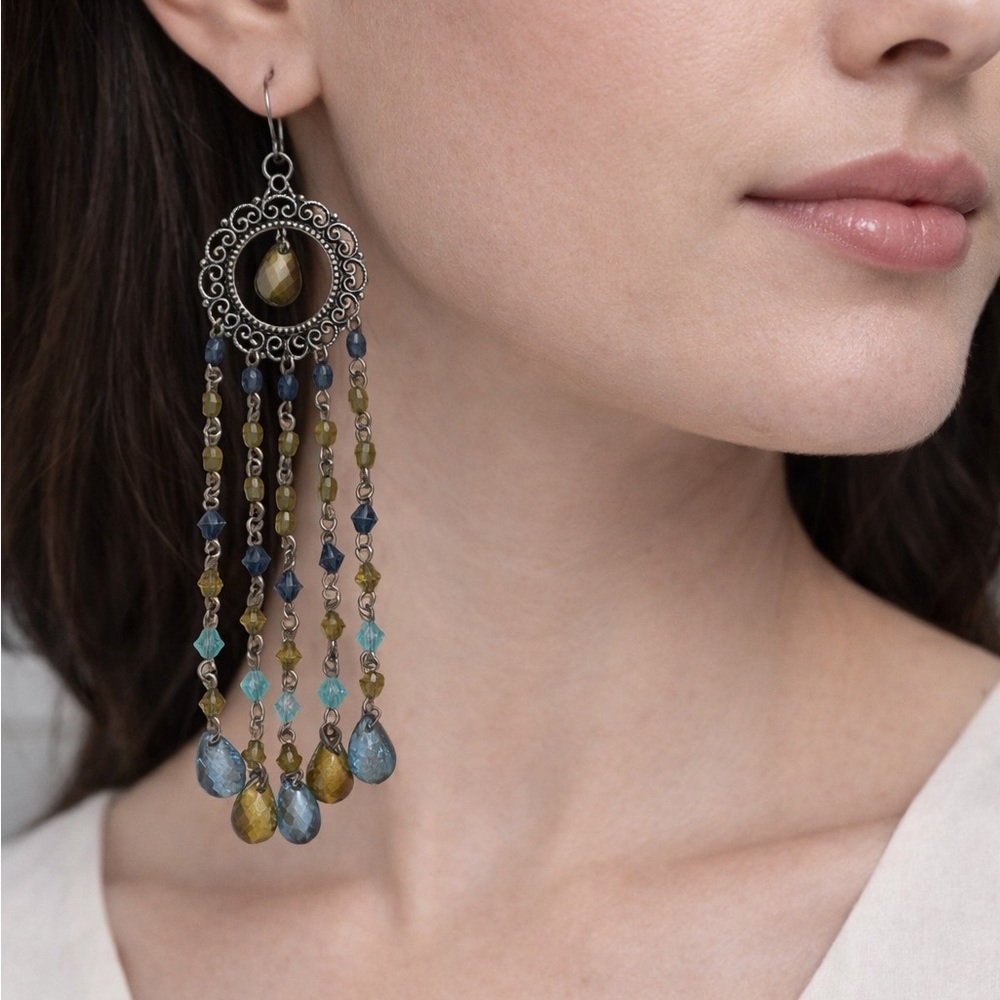 Wet Seal Boho Silver Blue Beaded Dangle Earrings Fringe Statement Y2K Festival